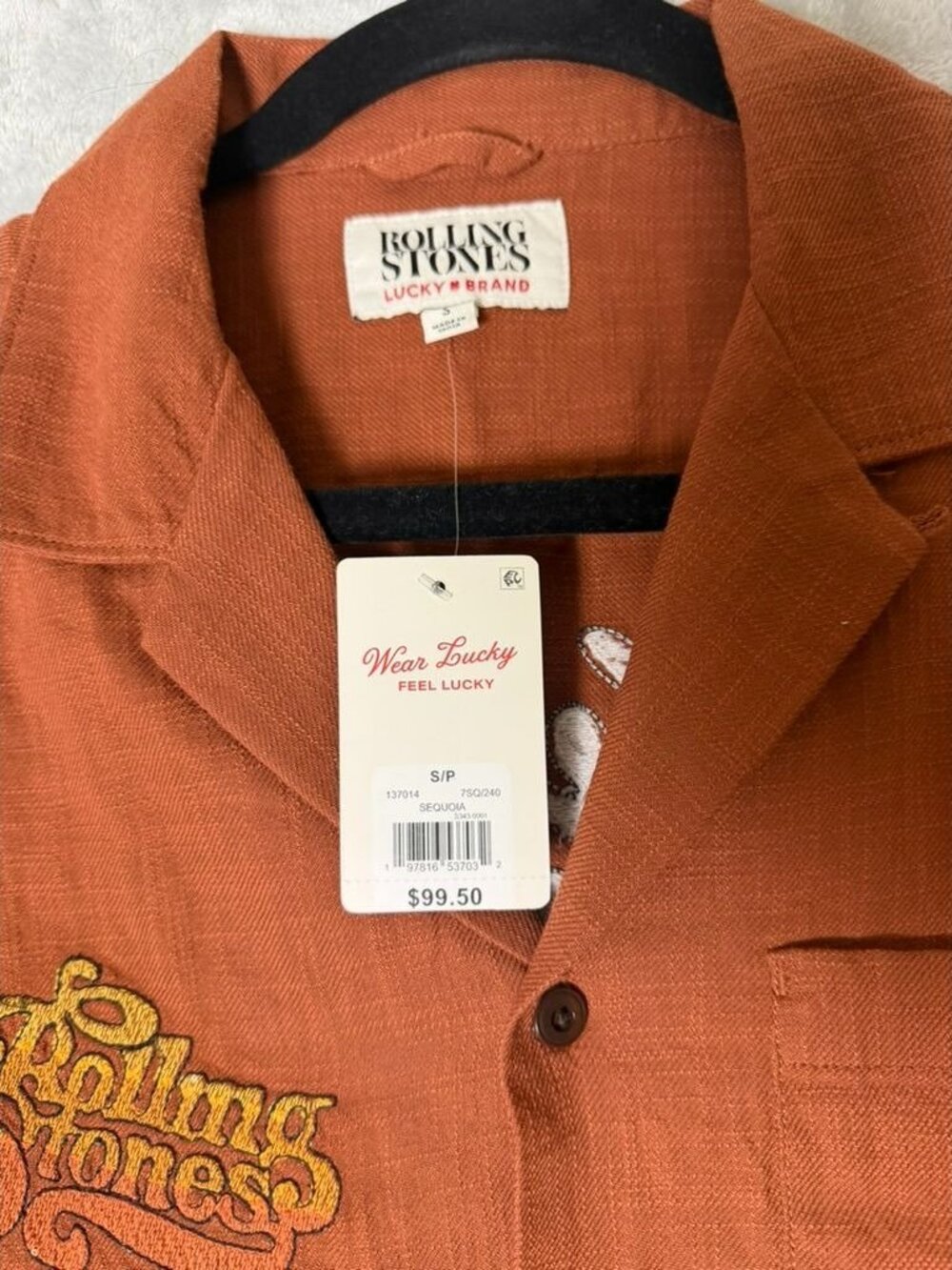 LUCKY BRAND Rolling Stones Mens Small Brown Camp Shirt Button Up Embroidered NEW - Picture 4 of 4
